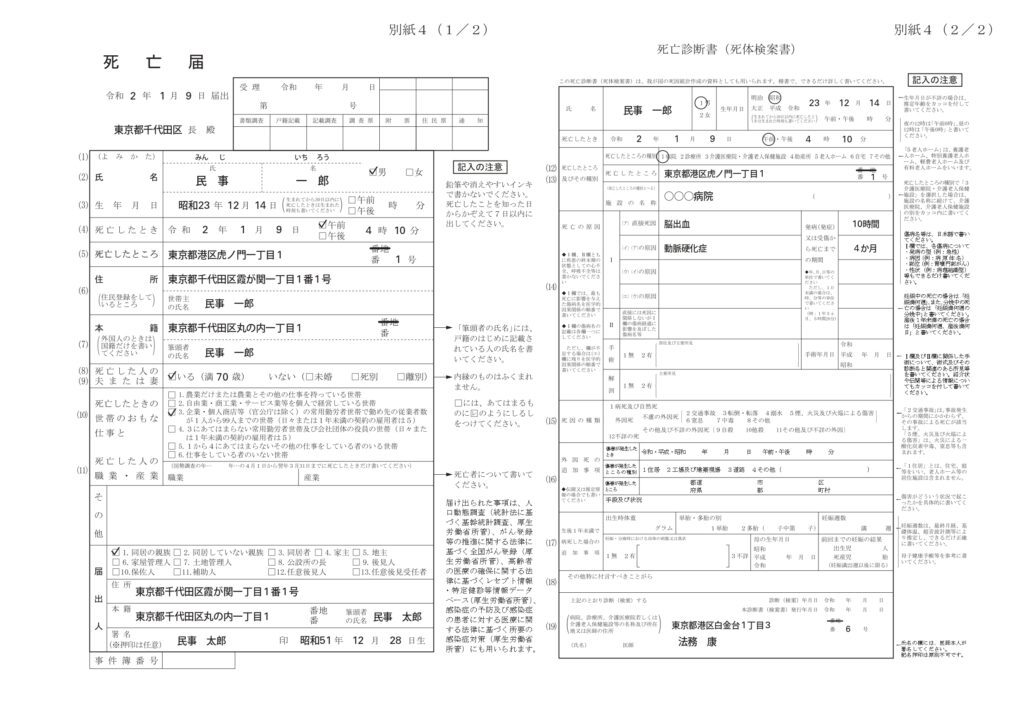 法務省サイトより引用「死亡届」記載要領・記載例